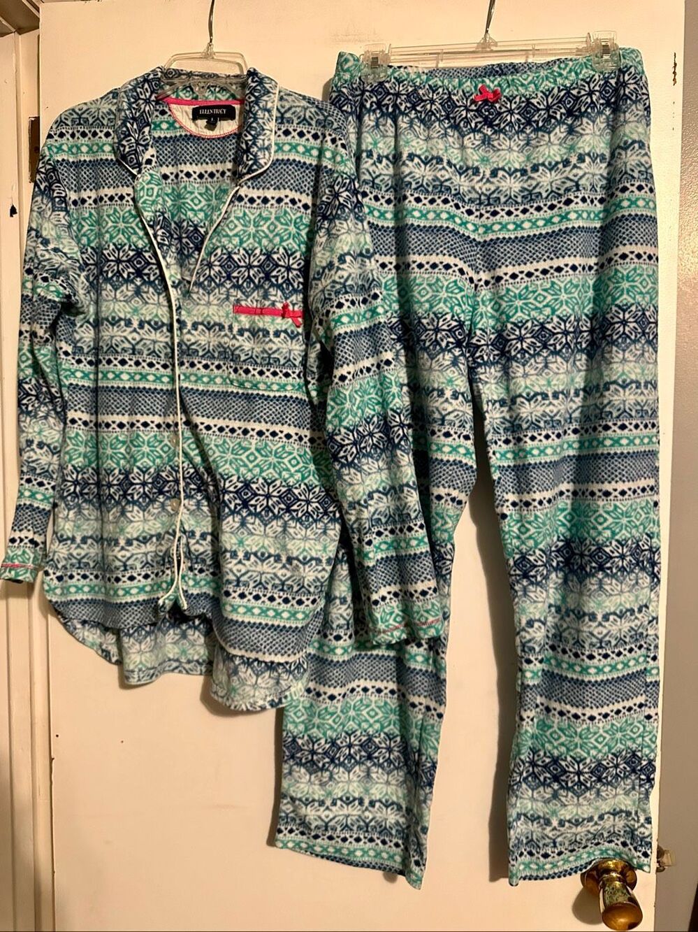 Ellen Tracy Pajama Set Womens L Large Blue Paisley Fleece 2 Piece Button Top Pan